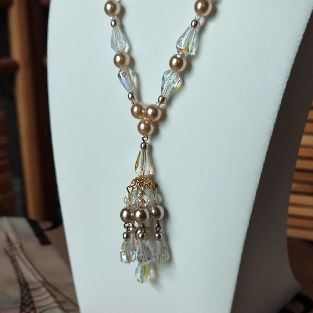 Aurora Borealis Crystal Tassle Necklace 1960's Faux Pearl Vintage Austria? EUC